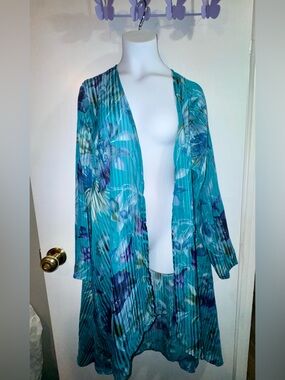 Teal Floral Open-Front Women's Tunic Cardigan
